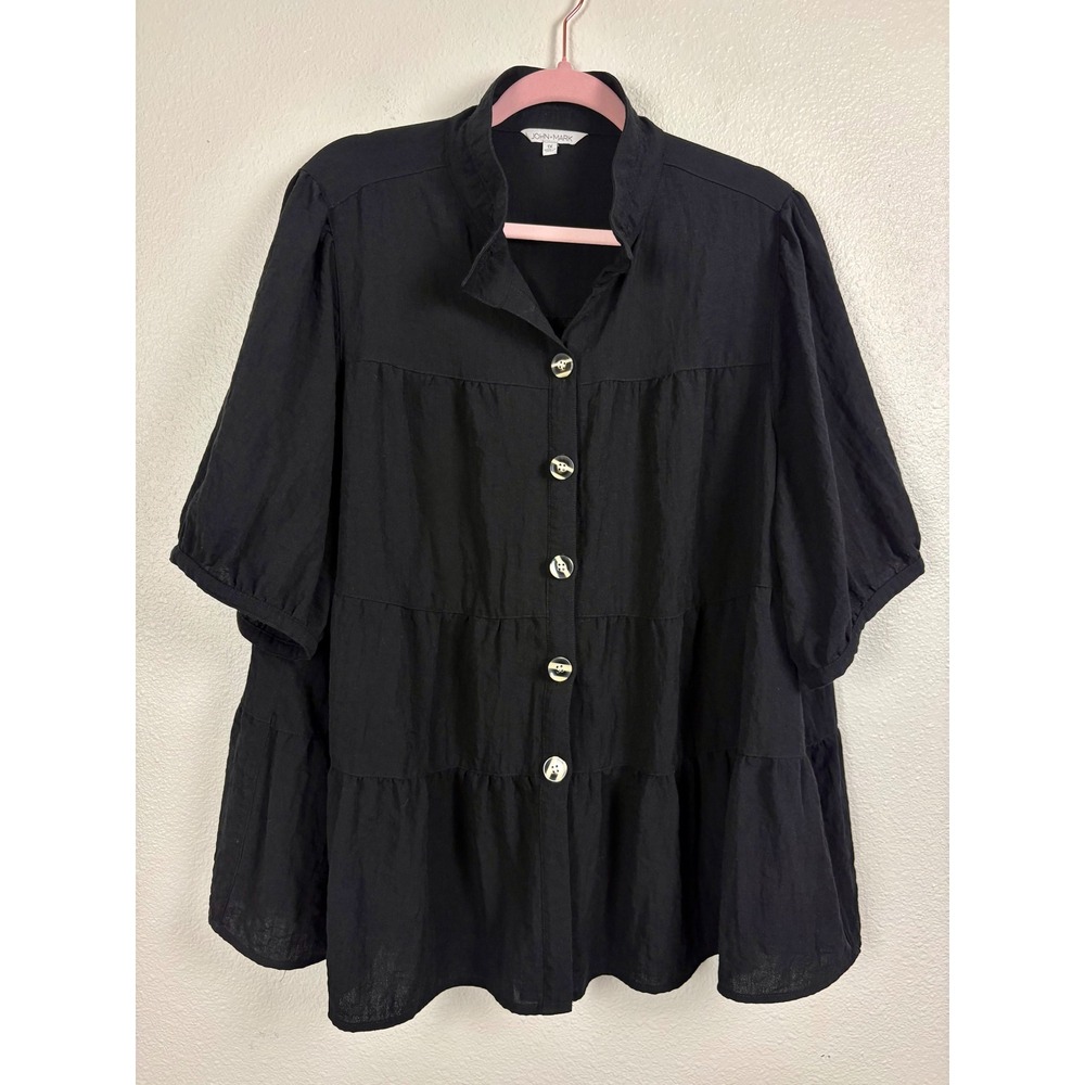 John Mark Women's 1X Black Tiered Button Front Tunic Blouse Boho Lagenlook